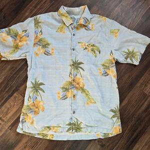 Tommy Bahama Mens Silk Hawaiian Shirt Blue Floral Palm Tree Button Up Large